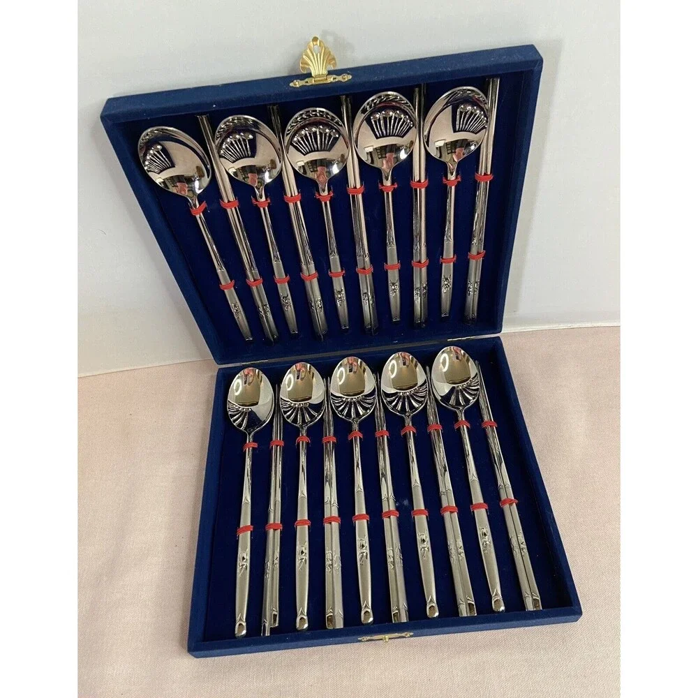 Vtg  Stainless Steel Soup Spoons &  Chopsticks Velvet Case Set of 10 Each